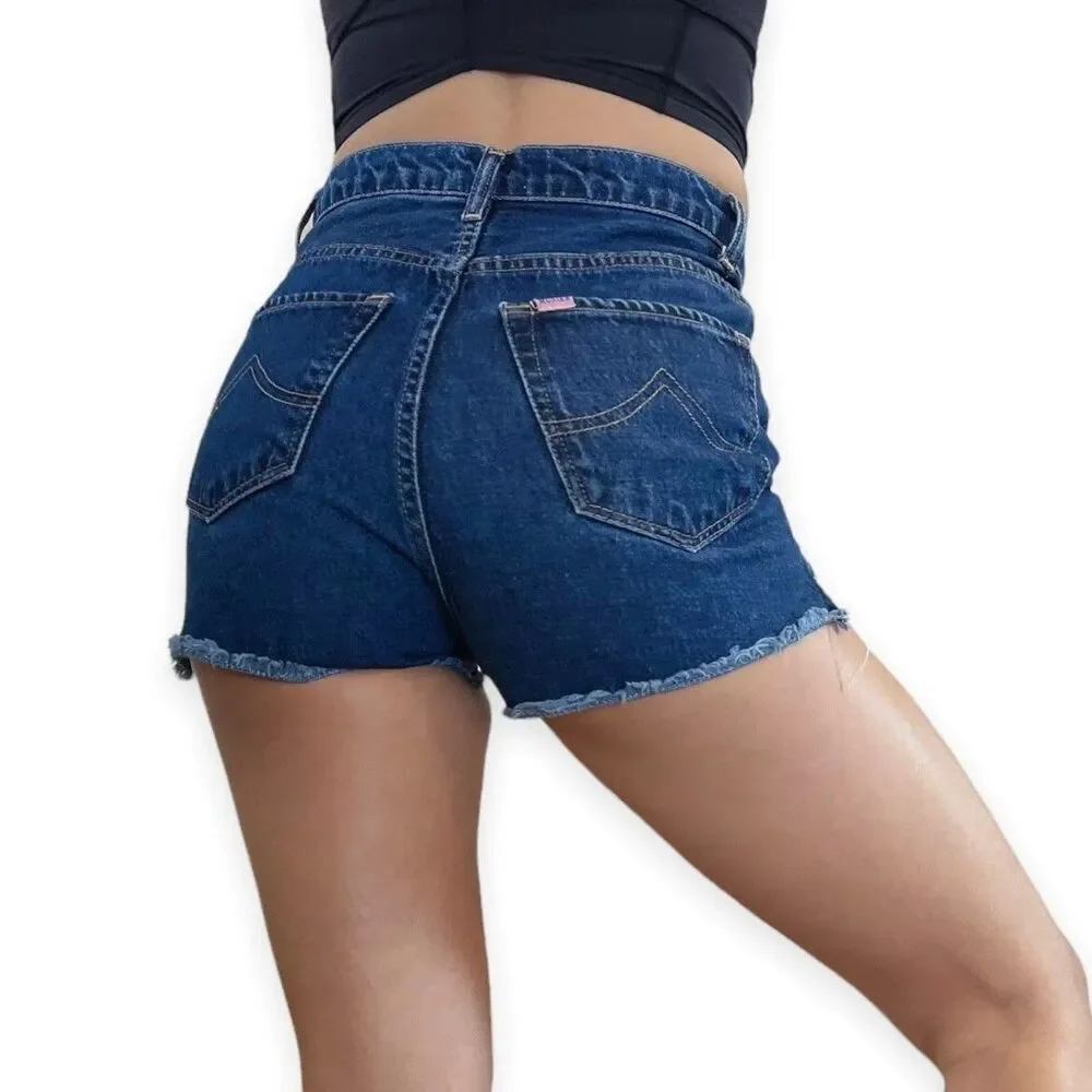 MUSIER Paris Jeans Shorts Womens 2 Blue High Rise Button fly Raw Hem Janet Denim